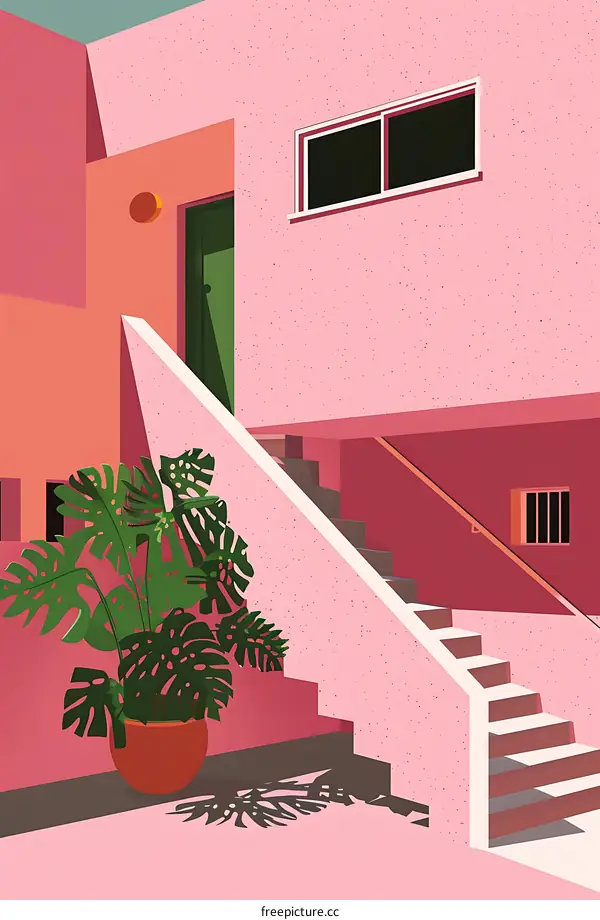 Pink and Green Minimalist Building with Stairs and Plants