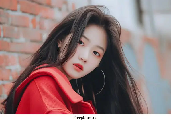 Young Asian Woman Wearing Red Coat And Hoop Earrings