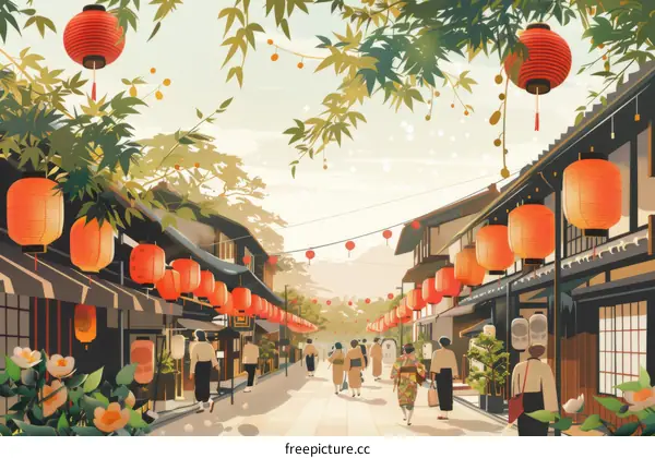 Japanese street with traditional houses and people wearing kimono