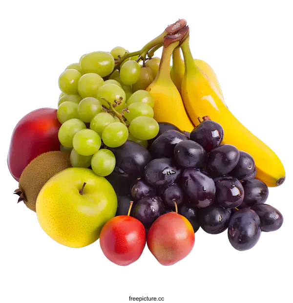 [Transparent Background PNG]Fresh Fruit Arrangement with Grapes, Apples, Bananas, Kiwi and Pomegranate