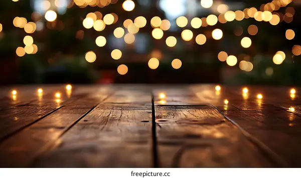 Rustic Wooden Tabletop with Bokeh Lights