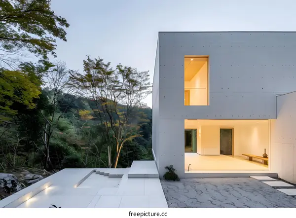 Modern Minimalist Concrete House with a Courtyard in a Forest Setting