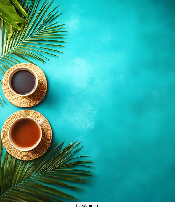 Tropical Summer Background with Coffee Cups and Palm Leaves