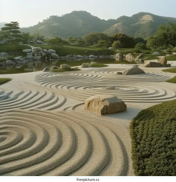 The beauty of Zen garden with sand and stone patterns