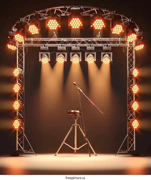 Empty Stage With Spotlights And Microphone