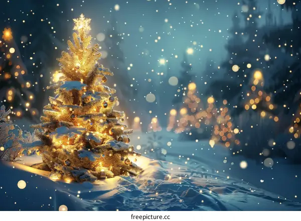 Winter Wonderland with a Brightly Lit Christmas Tree