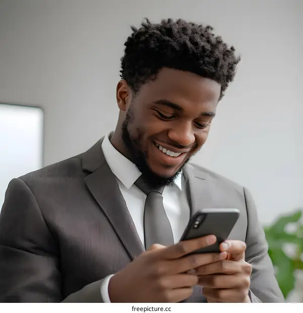Smiling Black Businessman Checking Phone