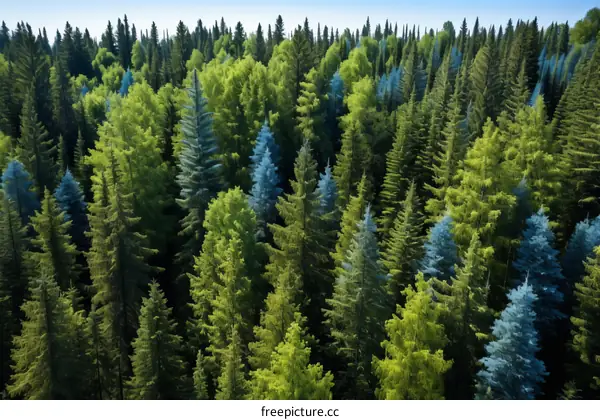 An aerial view of a green and blue coniferous forest