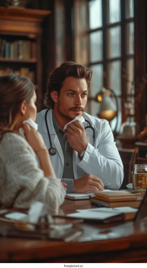 Doctor and patient having a consultation in a vintage library