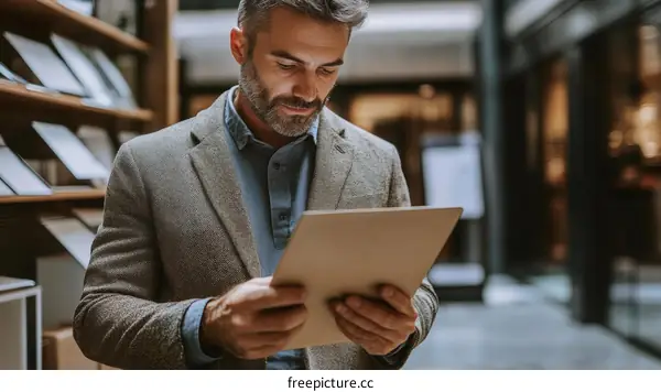 Businessman Examining Digital Document in Retail Space