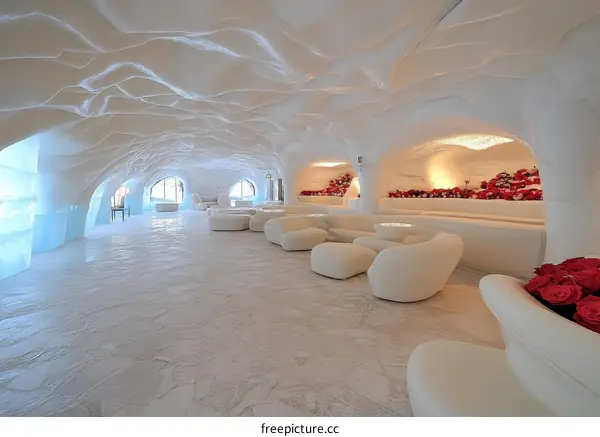 Ice Hotel Lounge with White Furniture and Red Roses