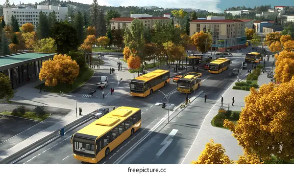 Modern City Bus Station with Yellow Buses and People Walking Around