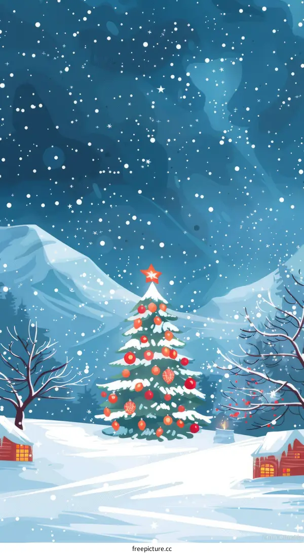 Snowy Christmas Landscape with Decorated Tree and Cabins