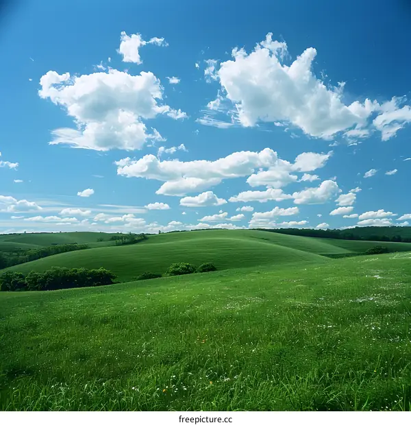 Green Hills Under Blue Sky with White Clouds