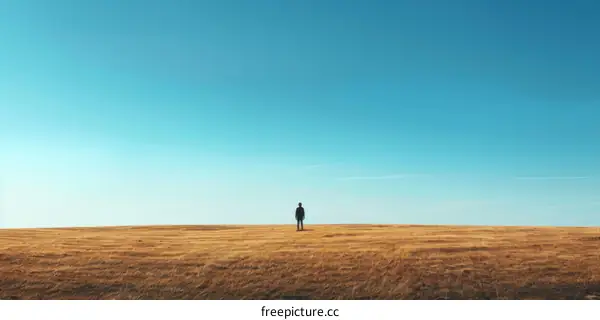 Man standing alone in a vast field under a blue sky