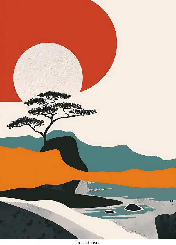 Abstract Landscape with Minimalist Japanese Garden Inspired Design