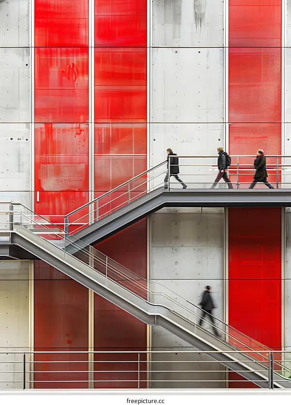 Modern Stairway with People Walking and Red Walls