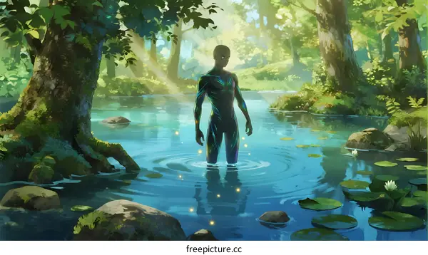 A man standing in a sunlit forest pond with glowing lights