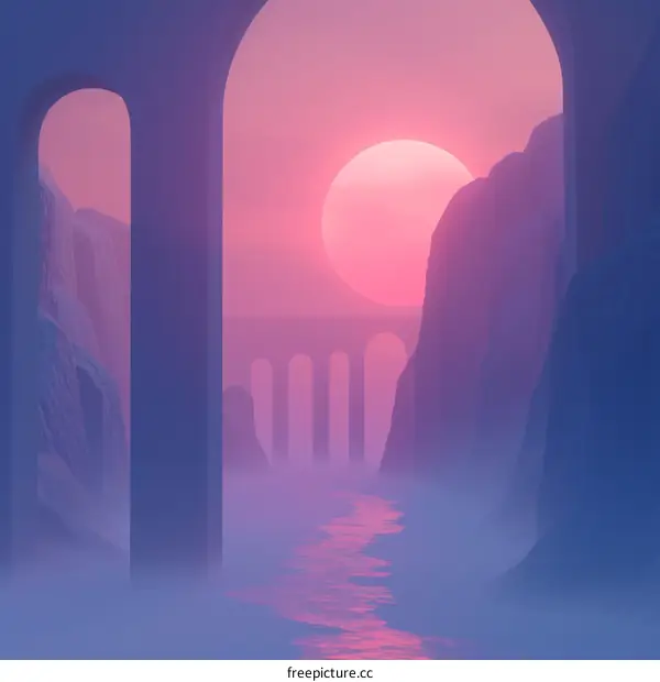 Abstract Archway Landscape with Sunset and River