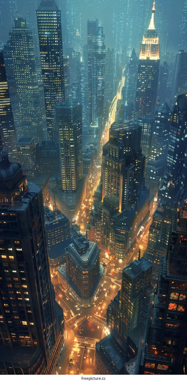 Night City Skyline Aerial View Illustration