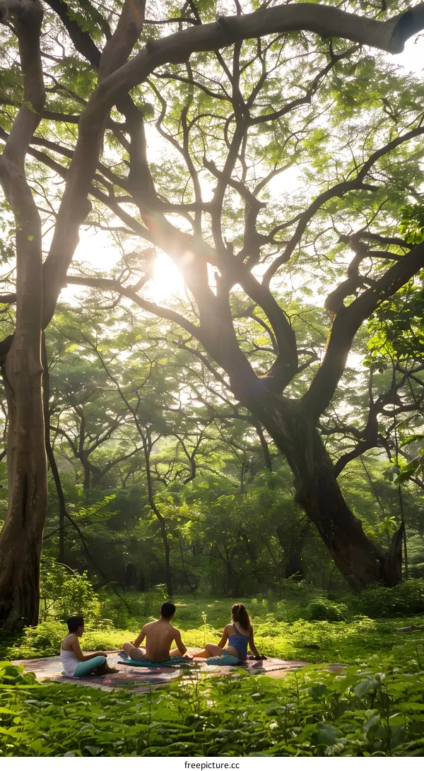 Friends Relaxing Underneath The Sun In A Forest
