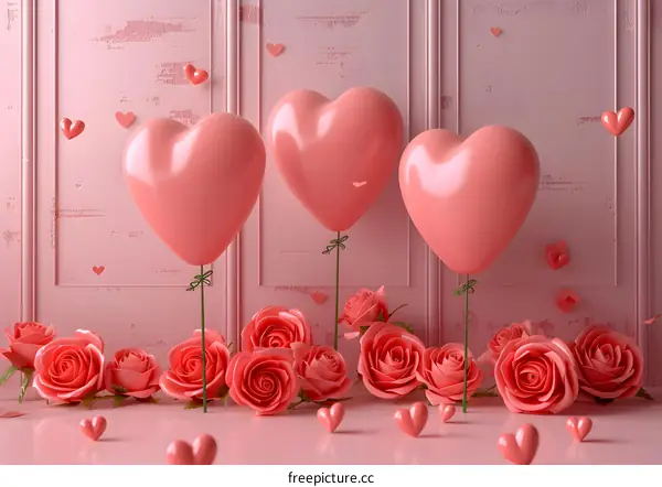 Pink balloons and roses against a pink wall