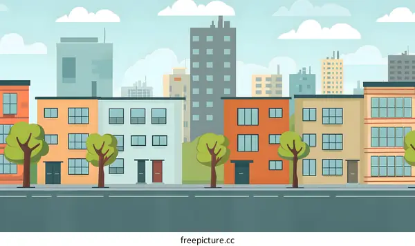 Cartoon Cityscape with Buildings and Trees Illustration