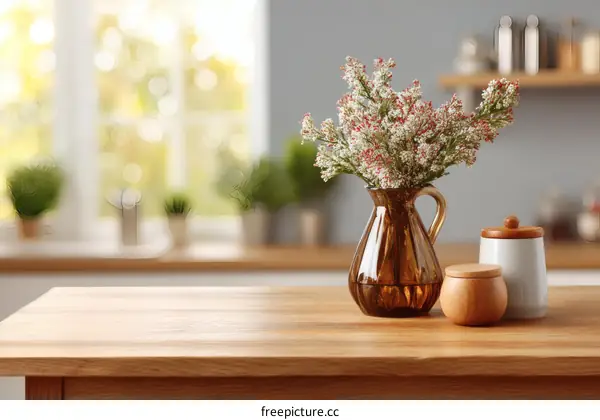 Wooden Kitchen Table Decor with Flowers and Jars