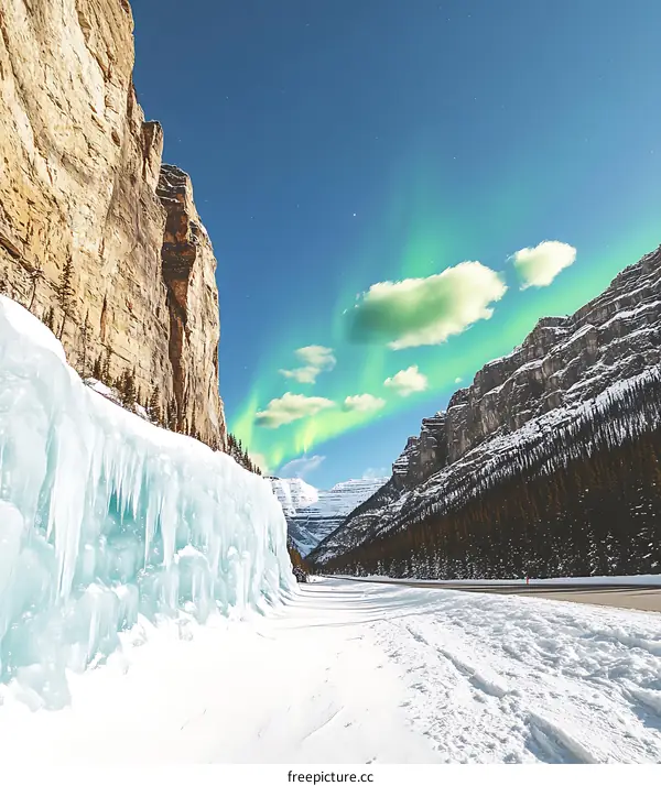 Winter Landscape with Aurora Borealis and Ice Formations