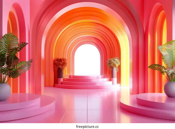 Surreal 3D Rendering of an Empty Pastel Room with Arches and Tropical Plants