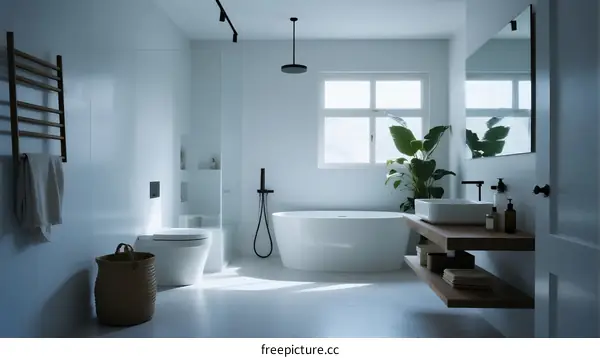 Modern white bathroom with freestanding tub and natural light