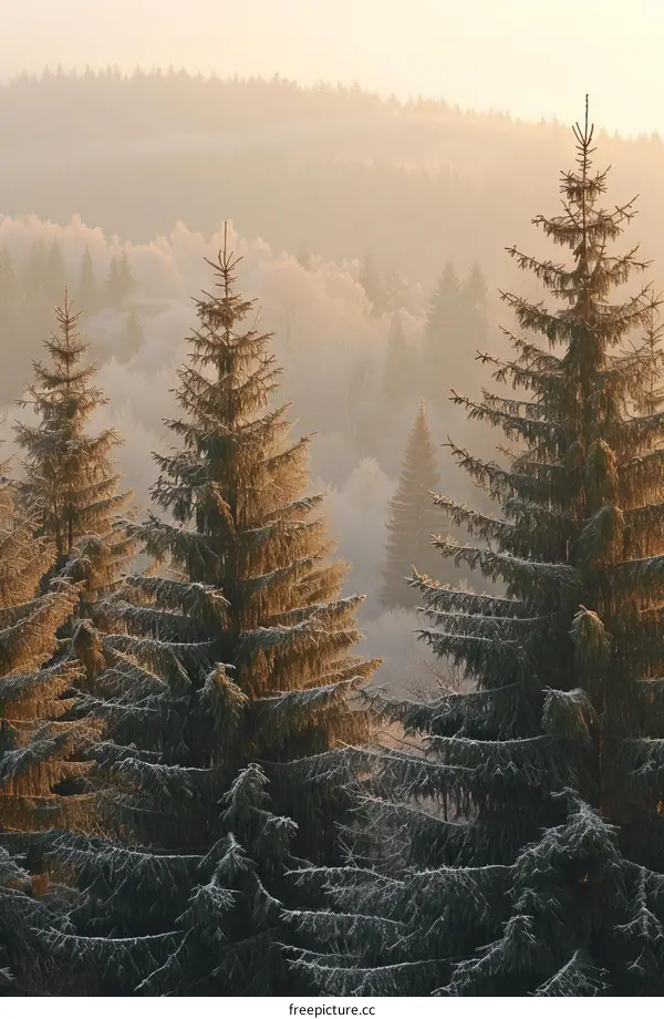 The sun rises over a frosty forest