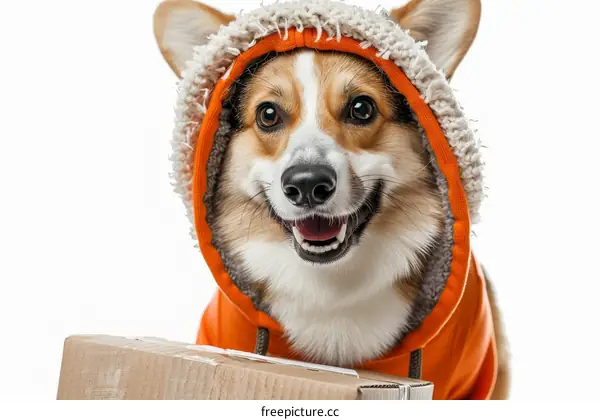 Dog in Orange Hoodie with Package