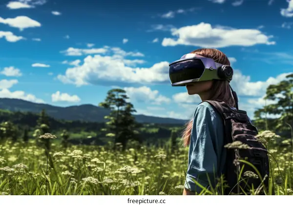 girl wearing virtual reality headset in a field of flowers