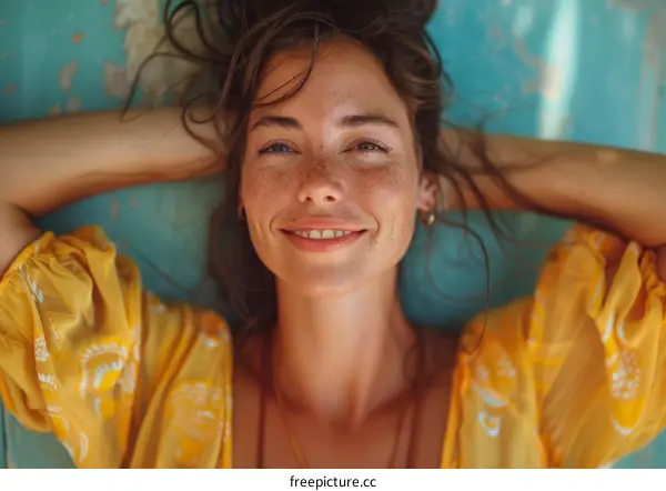 Relaxing Woman in Yellow Dress Outdoor