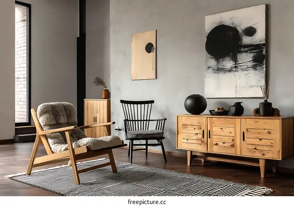 Modern Wooden Living Room with Abstract Art