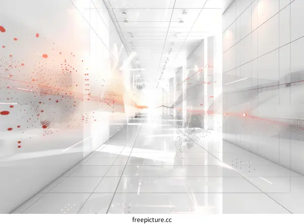 Futuristic, Empty Corridor with Glowing Red and White Lights