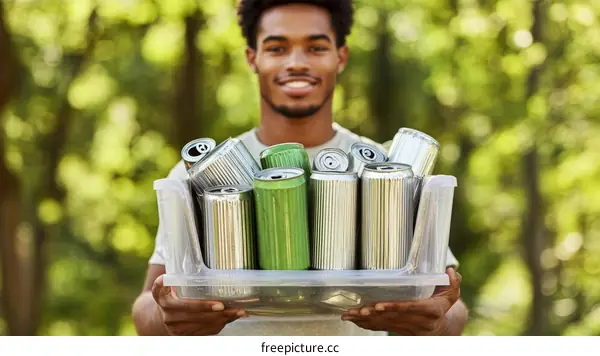 Young Man Recycling Cans in Park