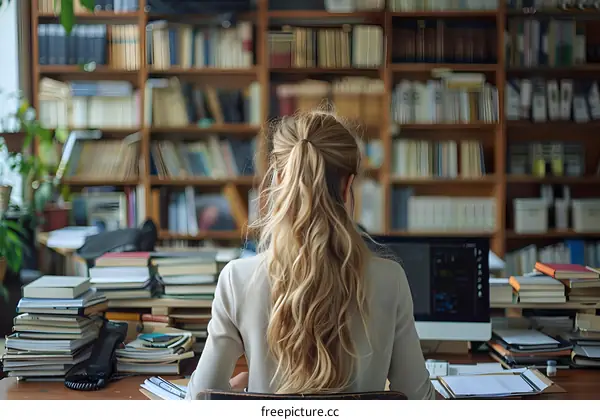 Blonde woman sitting with her back to the camera in a library