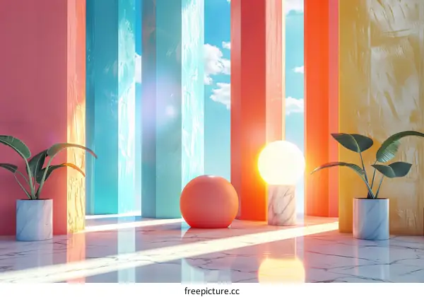 Colorful Minimalist Interior with Plants and Geometric Shapes