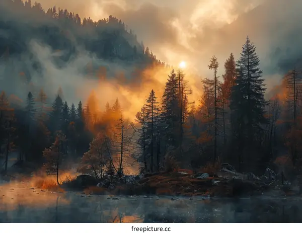 Misty forest landscape with lake and mountains in the background