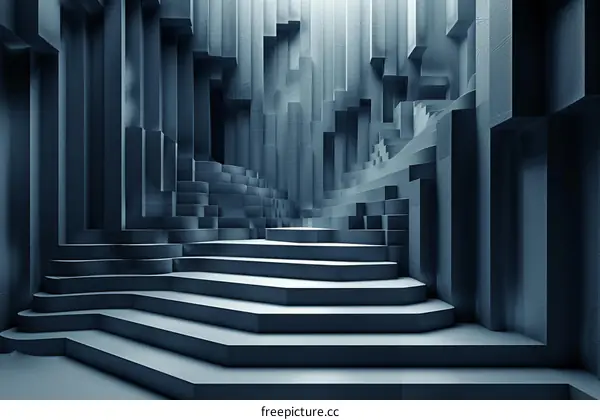 Blue geometric shapes form a stepped platform in a futuristic setting