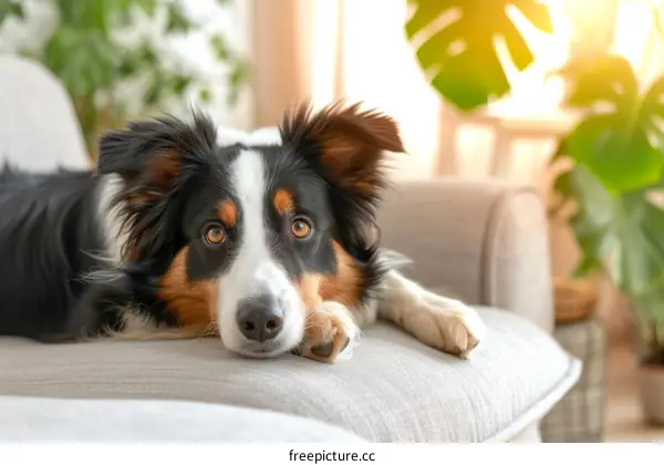 A Cute Border Collie Dog Resting On A Couch In A Living Room