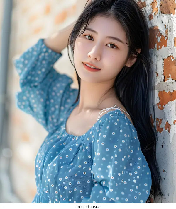 Beautiful Asian Woman in Blue Dress with White Polka Dots