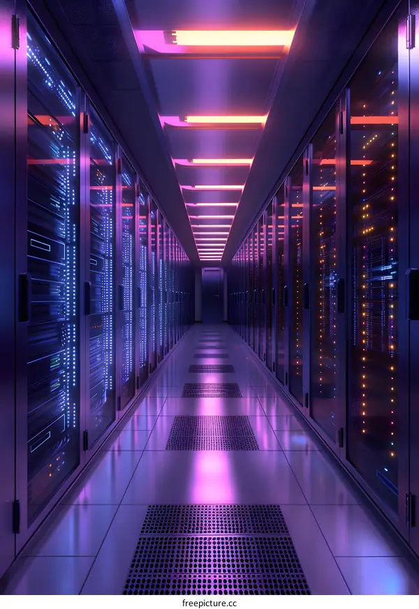 Modern Server Room With Purple And Pink Lighting