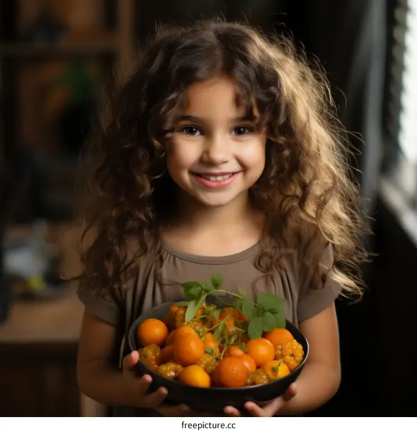 Little girl holding a bowl of fruit
