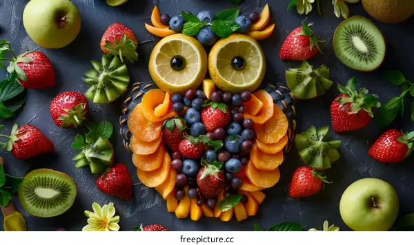 A Cute Owl Made of Various Fruits