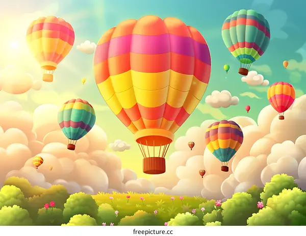 Colorful Hot Air Balloons Flying in the Sky Over Green Trees and White Clouds