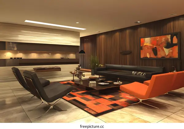 Modern Living Room Interior Design With Orange And Black Chairs