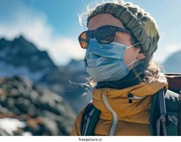 woman wearing a mask hiking in the mountains